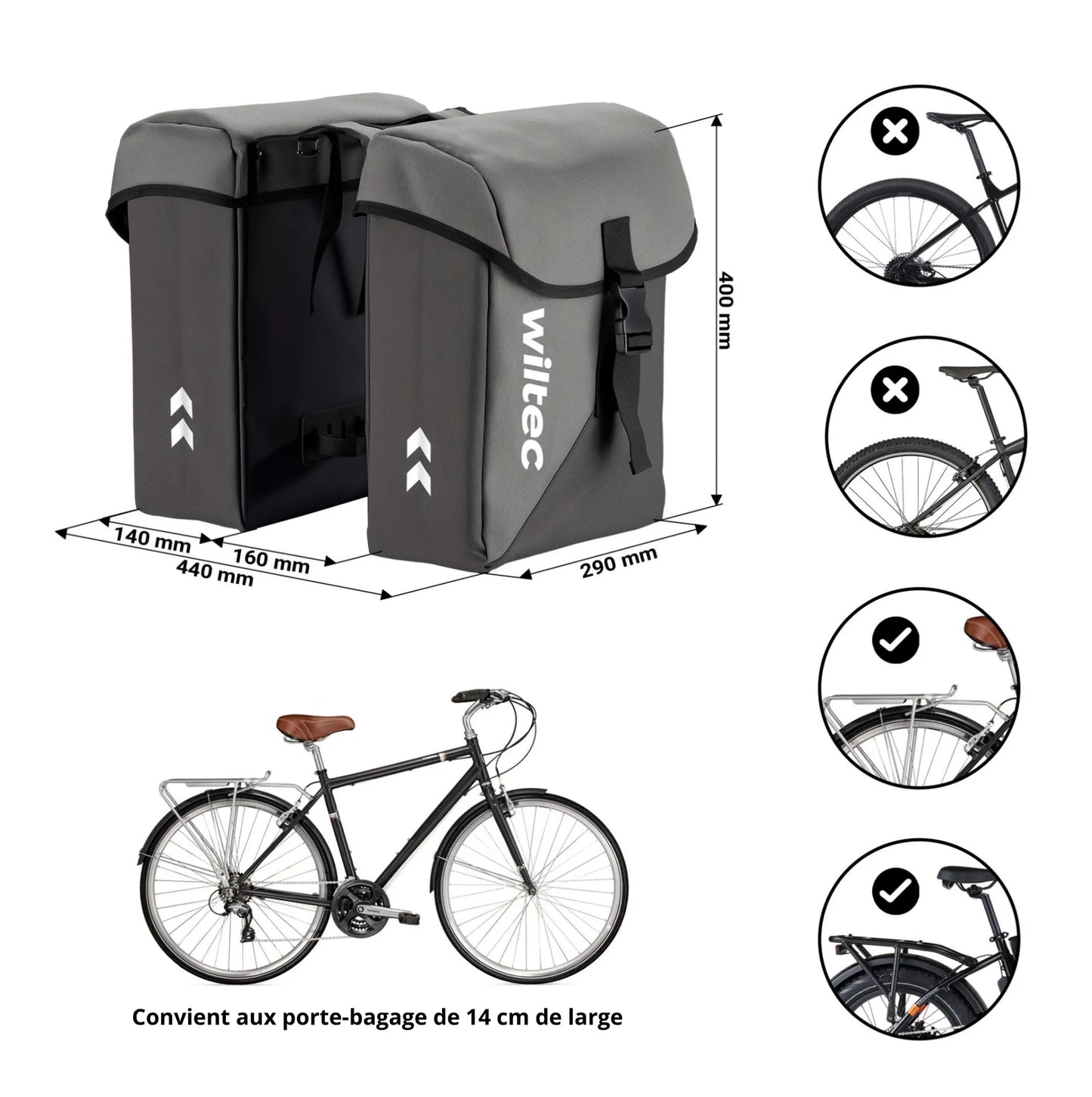 Wiltec Sacoche double étanche pour porte-bagages – capacité de 35 L