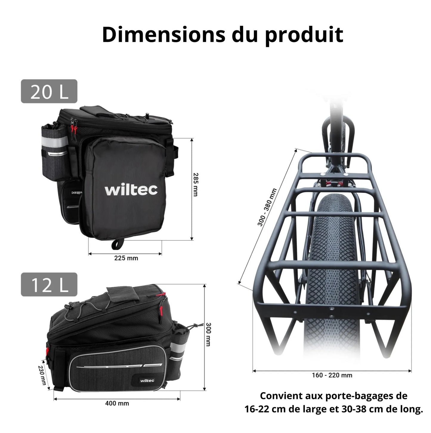 Sacoche Wiltec étanche extensible pour porte-bagages noire – capacité max. 20 L – en Polyester – avec Housse de pluie Bikeflow