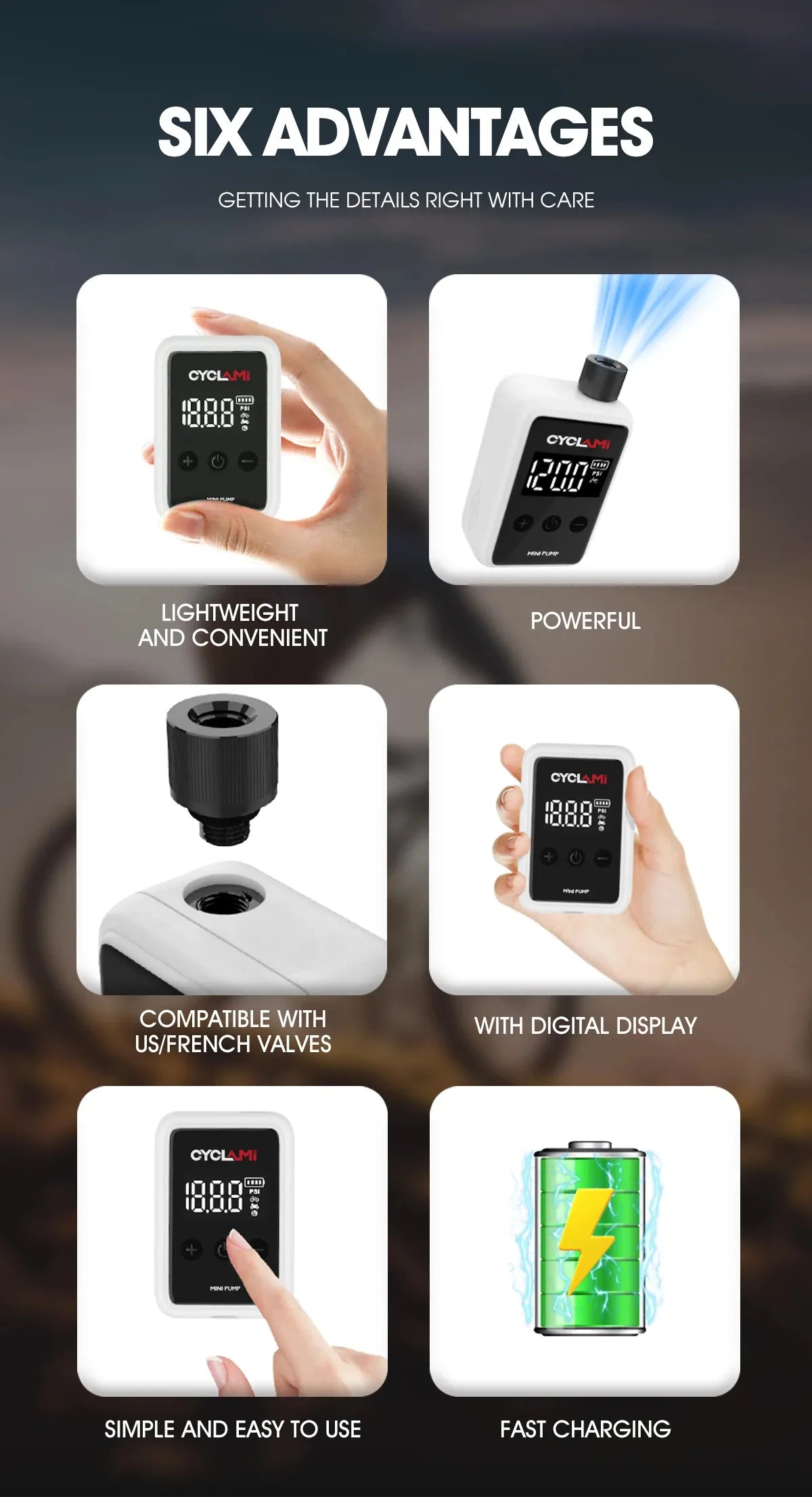 Pompe électrique portable CYCLAMI HW-125 – 150 PSI – Rechargeable USB-C – Valve Presta/Schrader