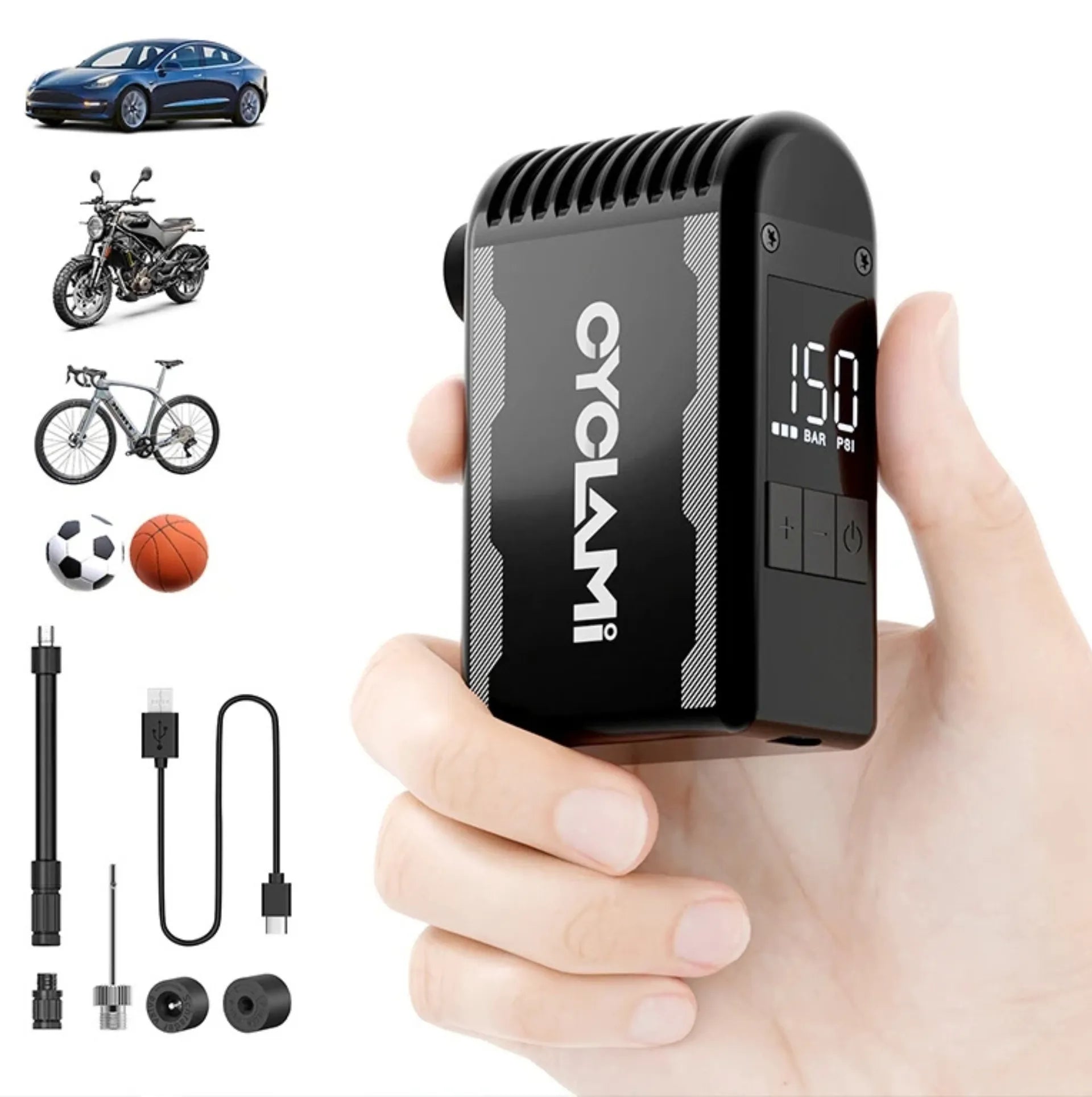 Mini pompe électrique CYCLAMI A2 Max – 150 PSI – Affichage en bars – Rechargeable USB-C