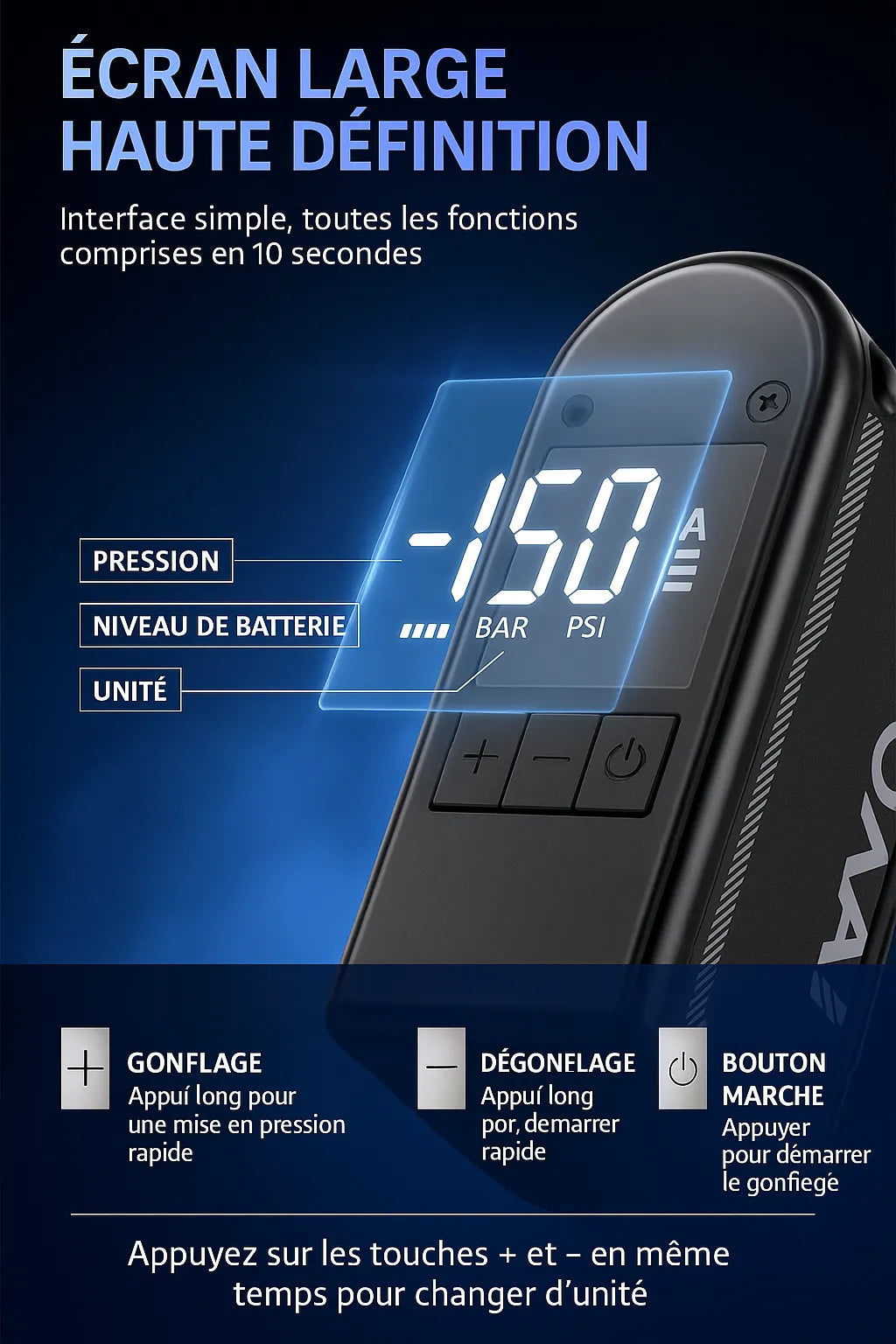 Mini pompe électrique CYCLAMI A2 Max – 150 PSI – Affichage en bars – Rechargeable USB-C