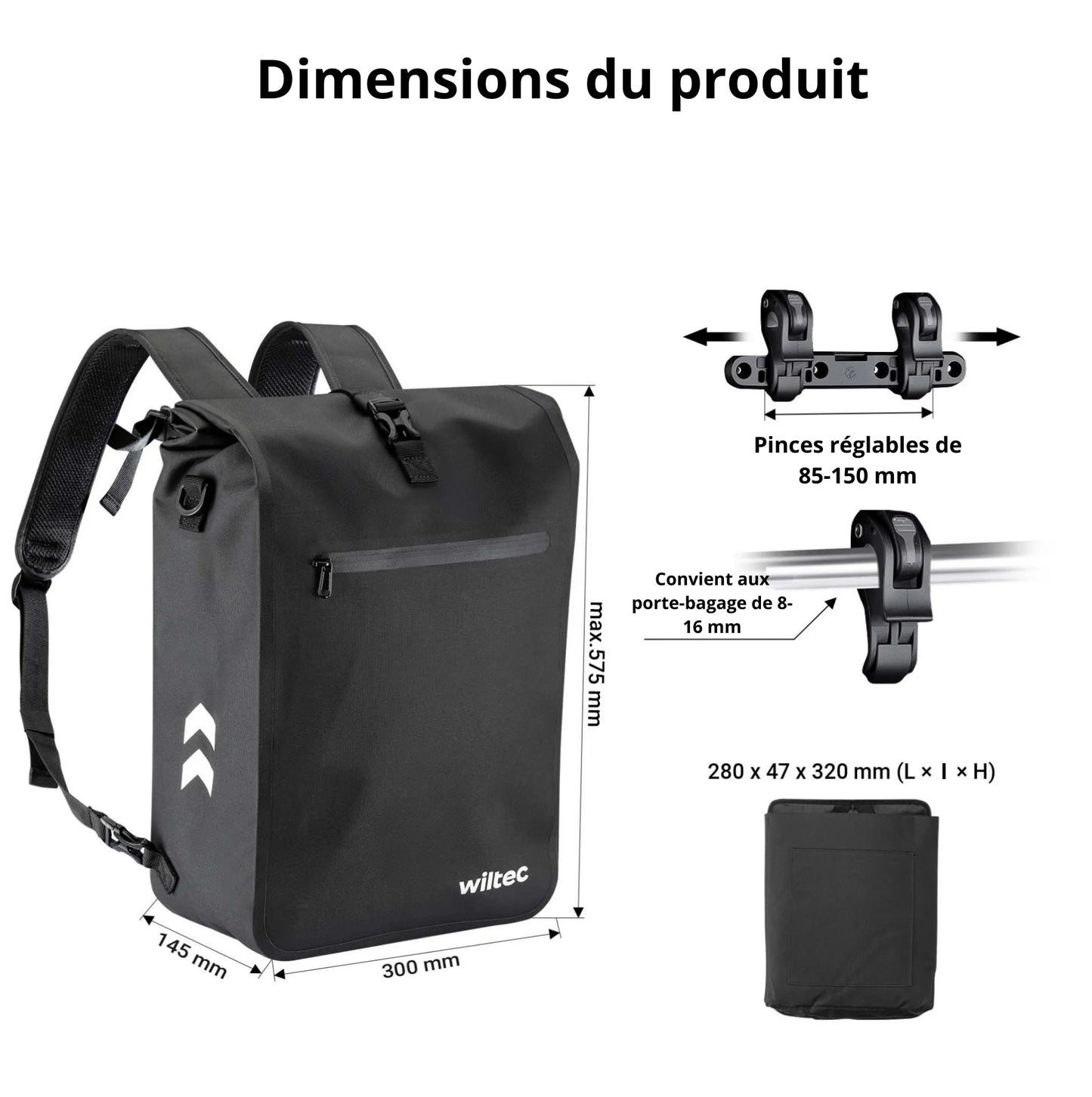 Sac à dos sacoche Wiltec pour porte-bagages – Étanche, 25 L, 2-en-1 ultra-pratique