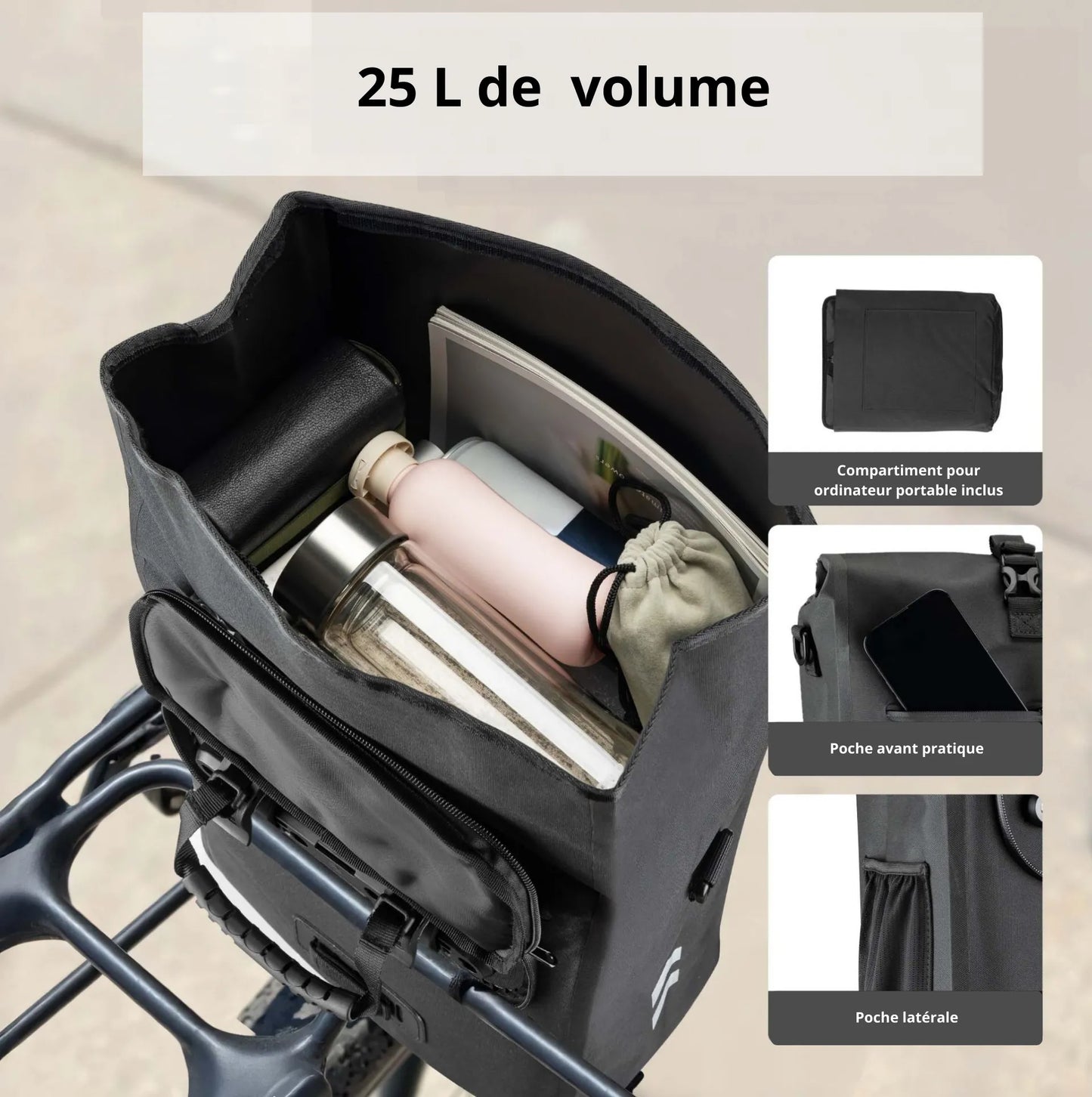Sacoche/Sac à dos étanche pour porte-bagages noire – capacité de 25 L – Avec compartiment pour ordinateur