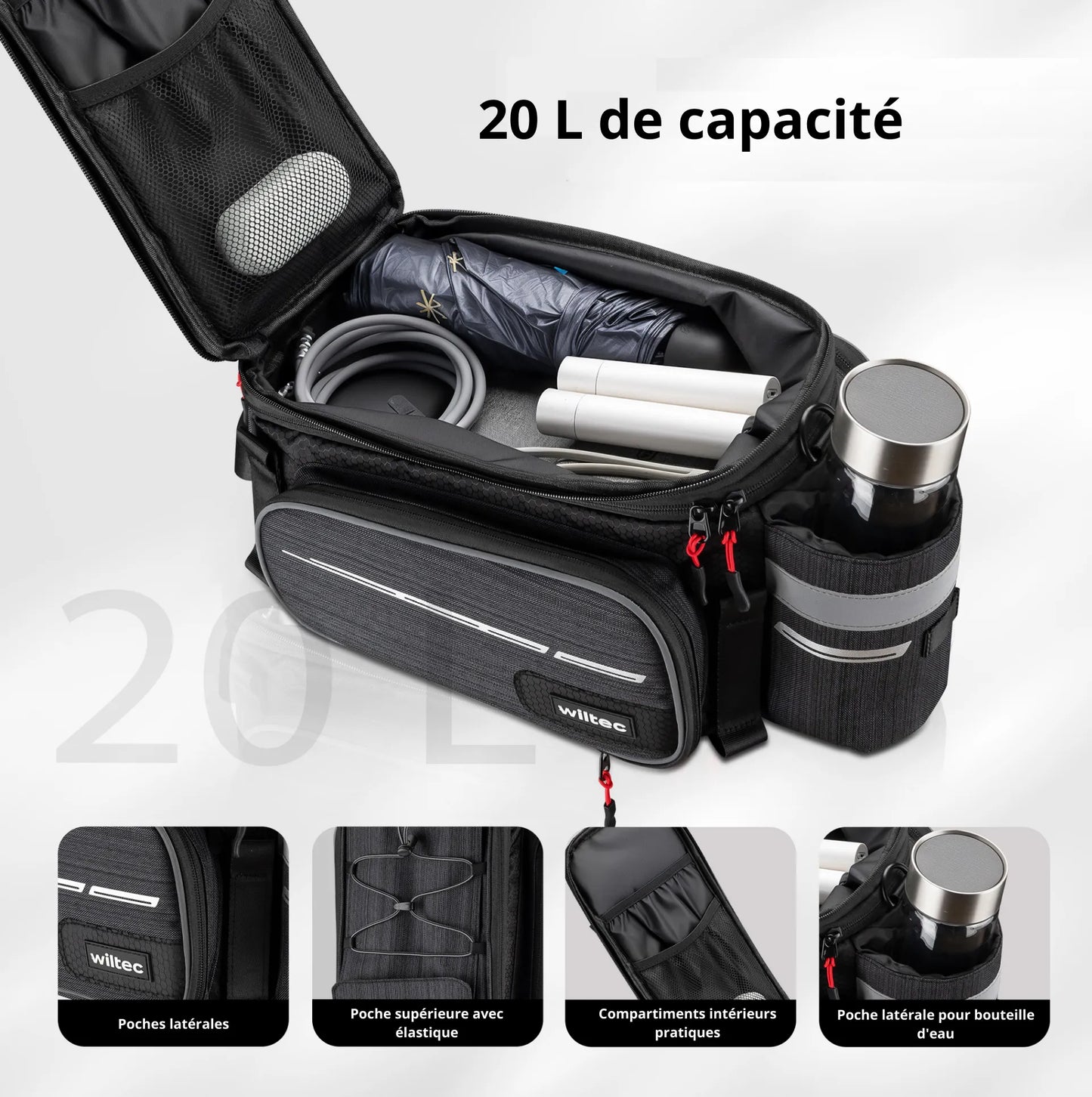 Sacoche Wiltec étanche extensible pour porte-bagages noire – capacité max. 20 L – en Polyester – avec Housse de pluie