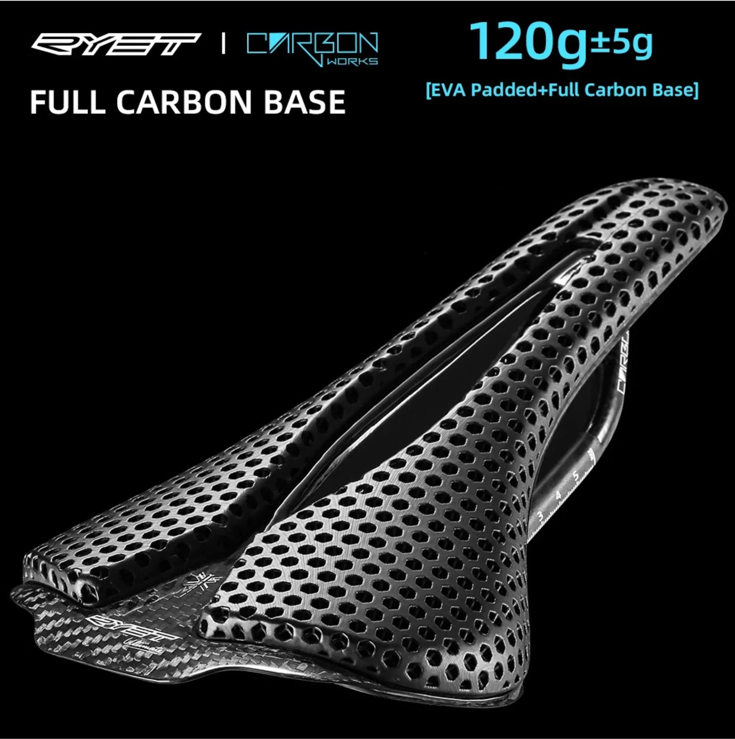 Selle vélo RYET Ultimate – Carbone intégral – 250x140 mm – 115 g – Rails 7x9 mm
