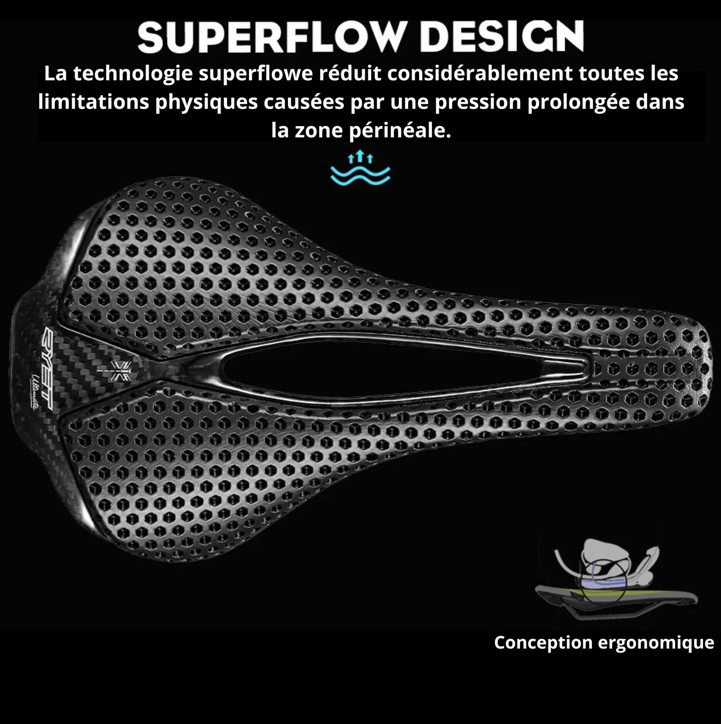 Selle vélo RYET Ultimate – Carbone intégral – 250x140 mm – 115 g – Rails 7x9 mm