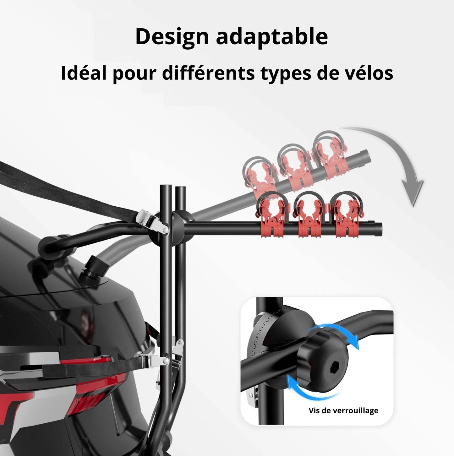 Wiltec Porte vélos pour hayon/bicorps – capacité 3 vélos, 45 kg – en Acier Q195, ABS, mousse – pour Capot arrière - avec Sangles