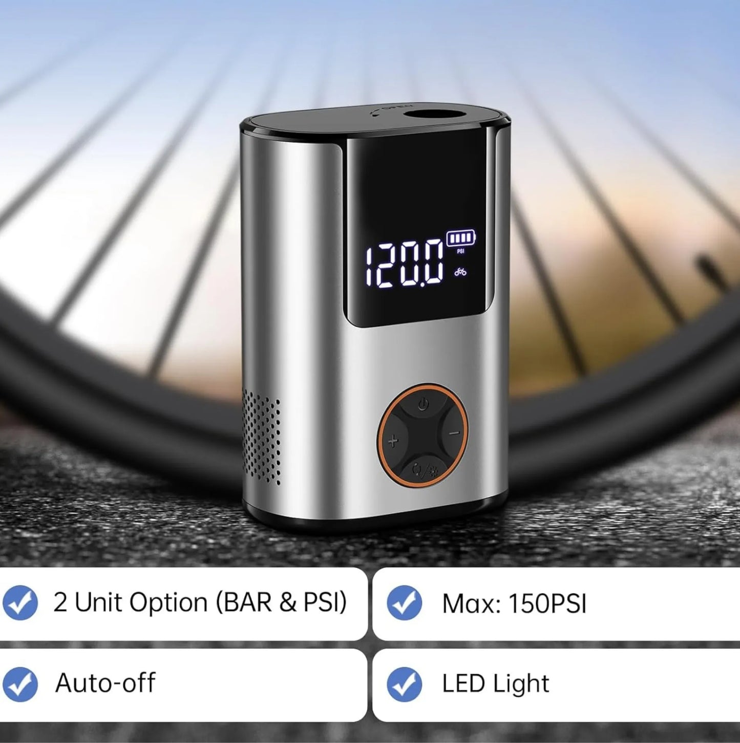 Mini compresseur électrique /Pompe électrique vélo 150 PSI - 6000 mAh - écran LCD