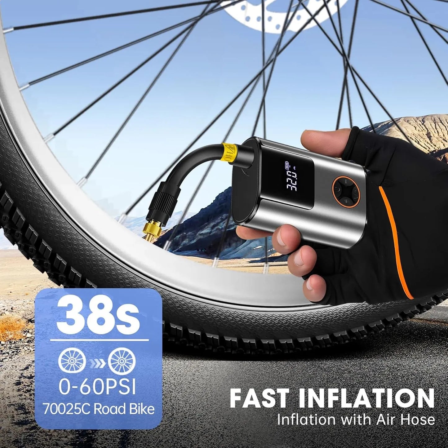 Mini compresseur électrique /Pompe électrique vélo 150 PSI - 6000 mAh - écran LCD