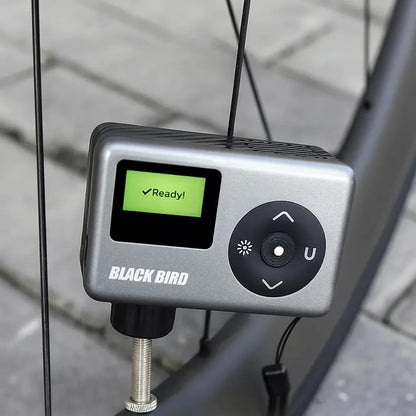Pompe électrique/Mini compresseur vélo Black Bird 120 PSI Presta/Schrader - Affichage digital - Indicateur Bars/PSI - 126g