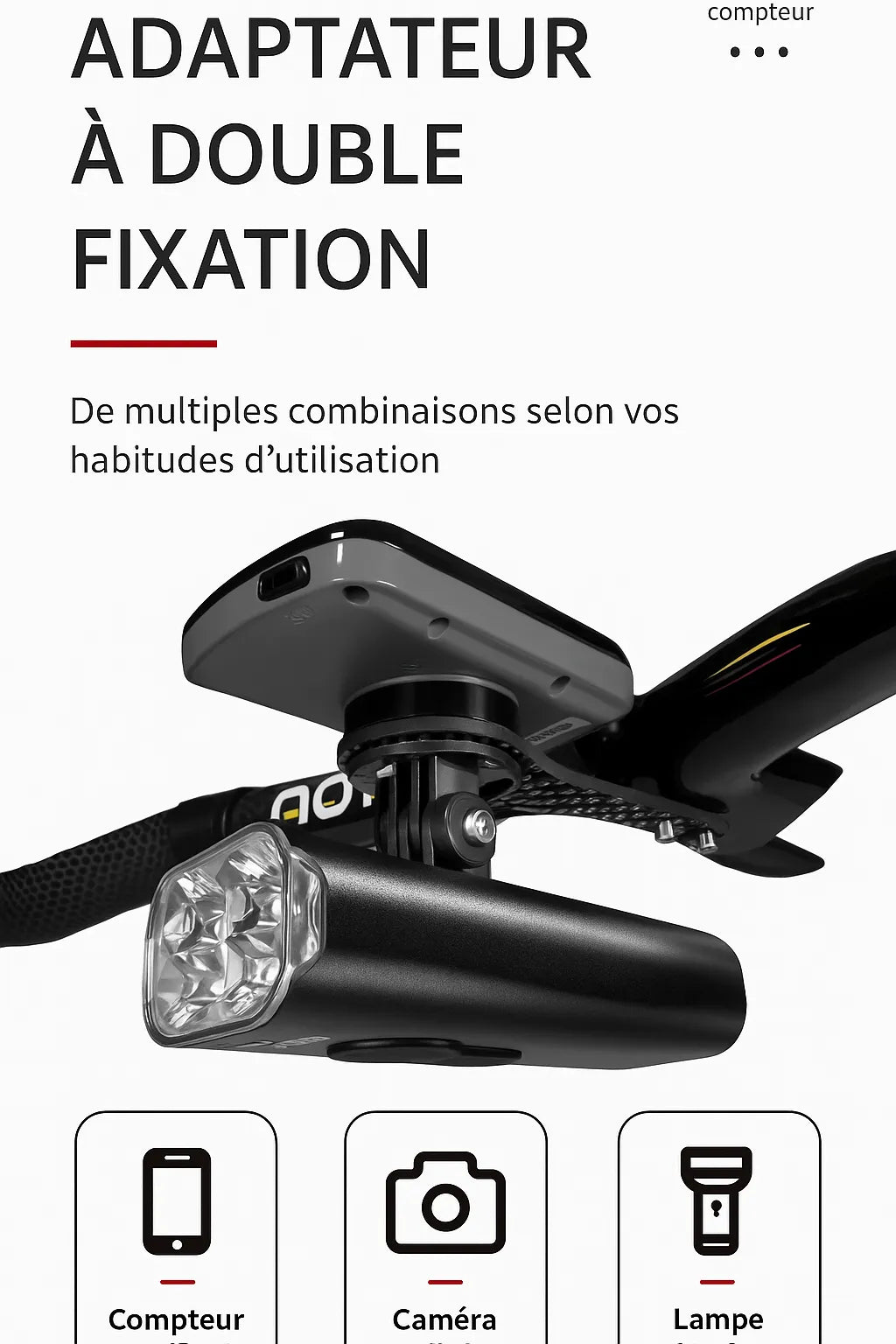 Support carbone 165 mm pour compteur vélo – Garmin / Wahoo / Bryton / caméra