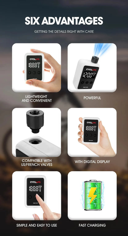 Pompe électrique portable CYCLAMI HW-125 – 150 PSI – Rechargeable USB-C – Valve Presta/Schrader