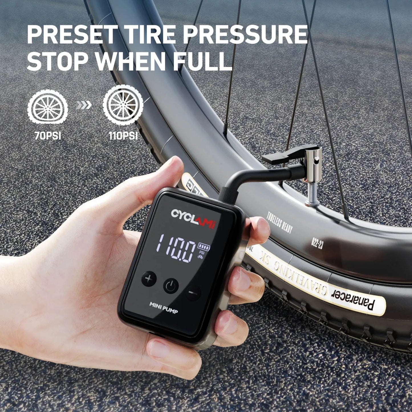 Pompe électrique portable CYCLAMI HW-125 – 150 PSI – Rechargeable USB-C – Valve Presta/Schrader