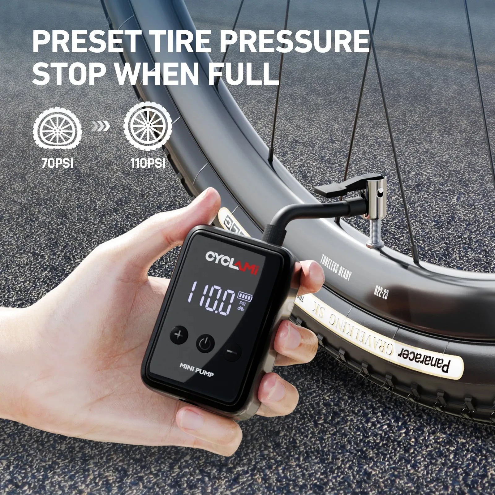 Pompe électrique portable CYCLAMI HW-125 – 150 PSI – Rechargeable USB-C – Valve Presta/Schrader