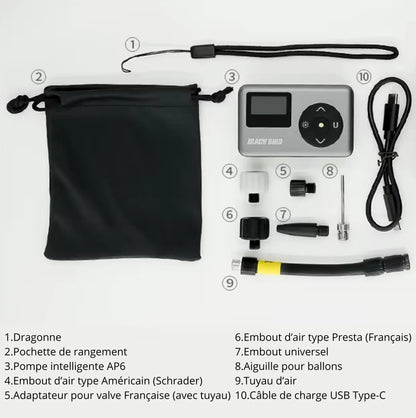 Pompe électrique/Mini compresseur vélo Black Bird 120 PSI Presta/Schrader - Affichage digital - Indicateur Bars/PSI - 126g