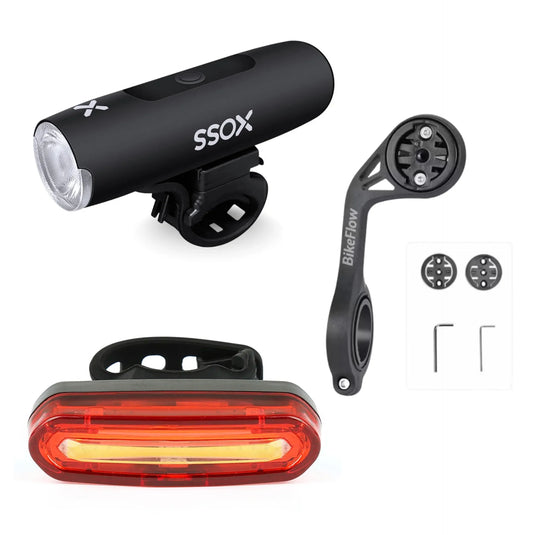 Pack éclairage vélo complet – Phare avant XOSS XL-400 + feu arrière USB + support déporté XL