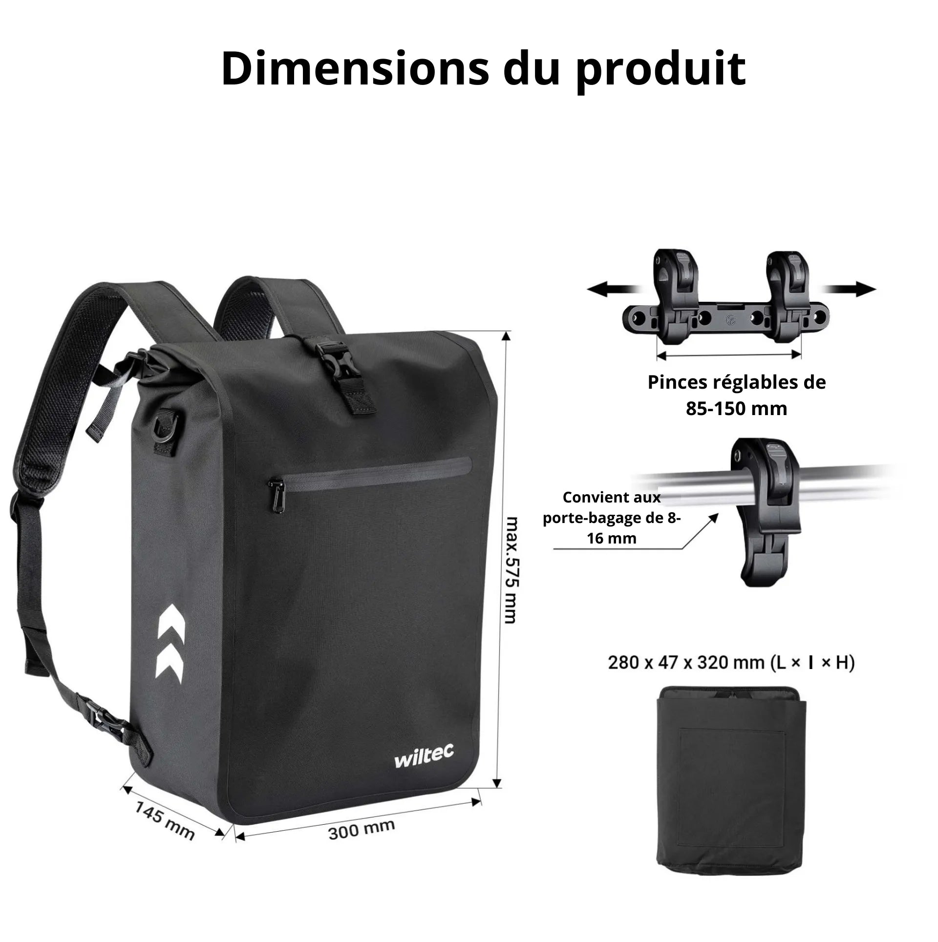 Sac à dos sacoche Wiltec pour porte-bagages – Étanche, 25 L, 2-en-1 ultra-pratique