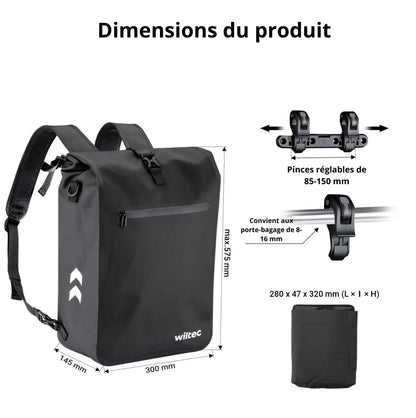 Sac à dos sacoche Wiltec pour porte-bagages – Étanche, 25 L, 2-en-1 ultra-pratique