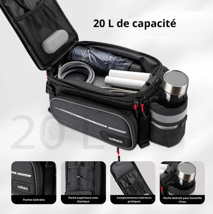 Sacoche Wiltec étanche extensible pour porte-bagages noire – capacité max. 20 L – en Polyester – avec Housse de pluie