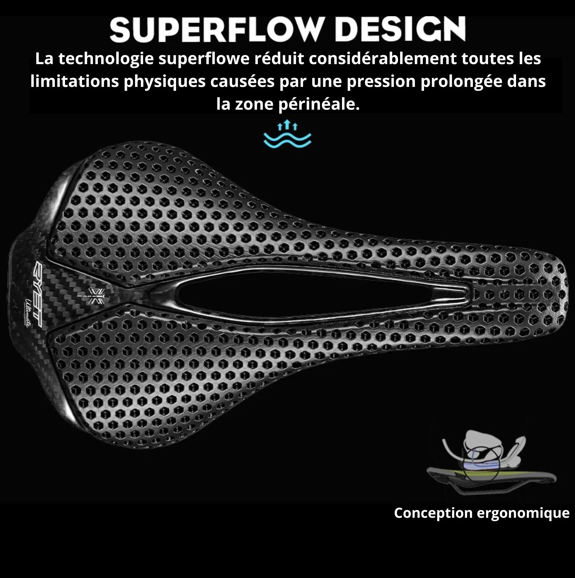 Selle vélo RYET Ultimate – Carbone intégral – 250x140 mm – 115 g – Rails 7x9 mm