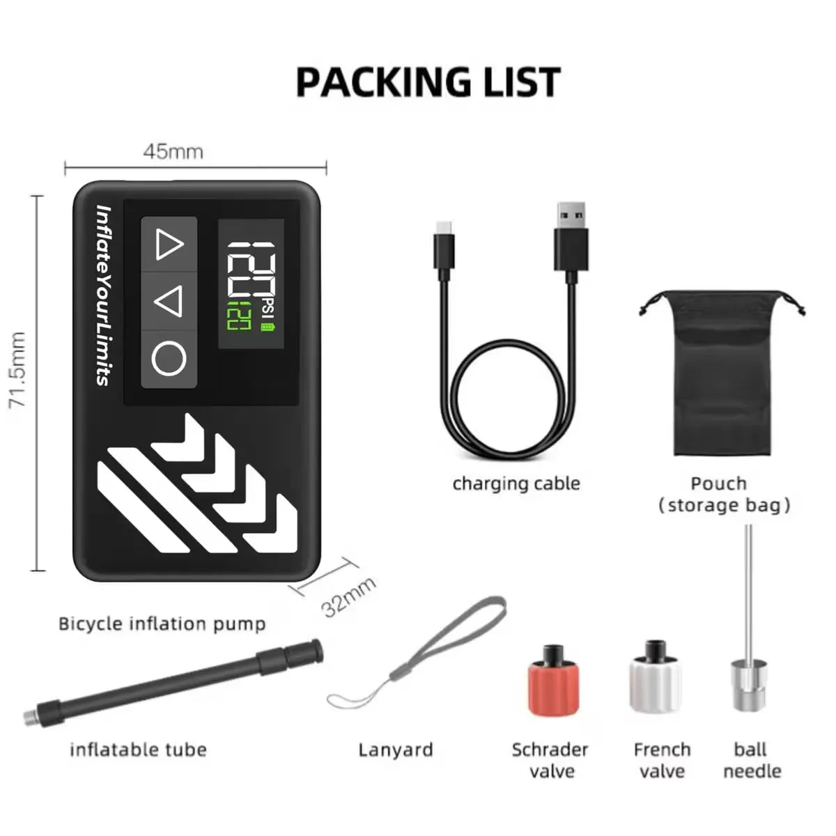 Pompe électrique/Mini compresseur vélo 120 PSI Presta/Schrader - Affichage digital - Indicateur Bars/PSI - 108g